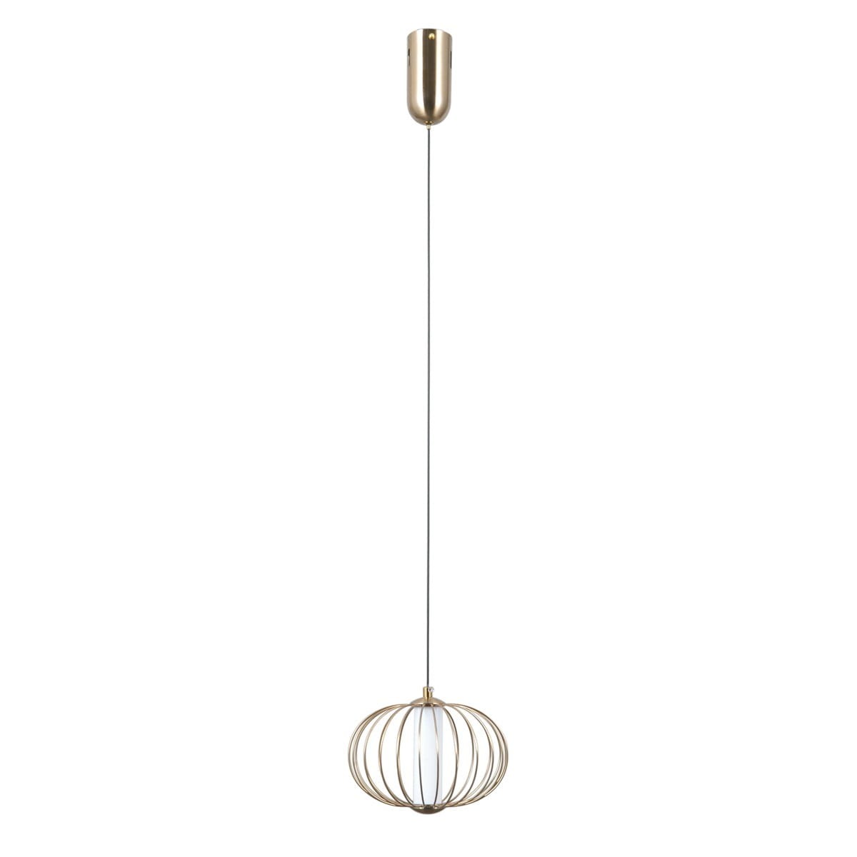 Lampa wisząca Rabel 1xLED 5W w złotym kolorze, z okrągłym kloszem z metalowych prętów, zawieszona na cienkim kablu. Klosz otwarty od dołu, co pozwala na wydobycie światła w kierunku przestrzeni. Prosty design, idealna do nowoczesnych wnętrz.
