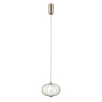 Lampa wisząca Rabel 1xLED 5W w złotym kolorze, z okrągłym kloszem z metalowych prętów, zawieszona na cienkim kablu. Klosz otwarty od dołu, co pozwala na wydobycie światła w kierunku przestrzeni. Prosty design, idealna do nowoczesnych wnętrz.
