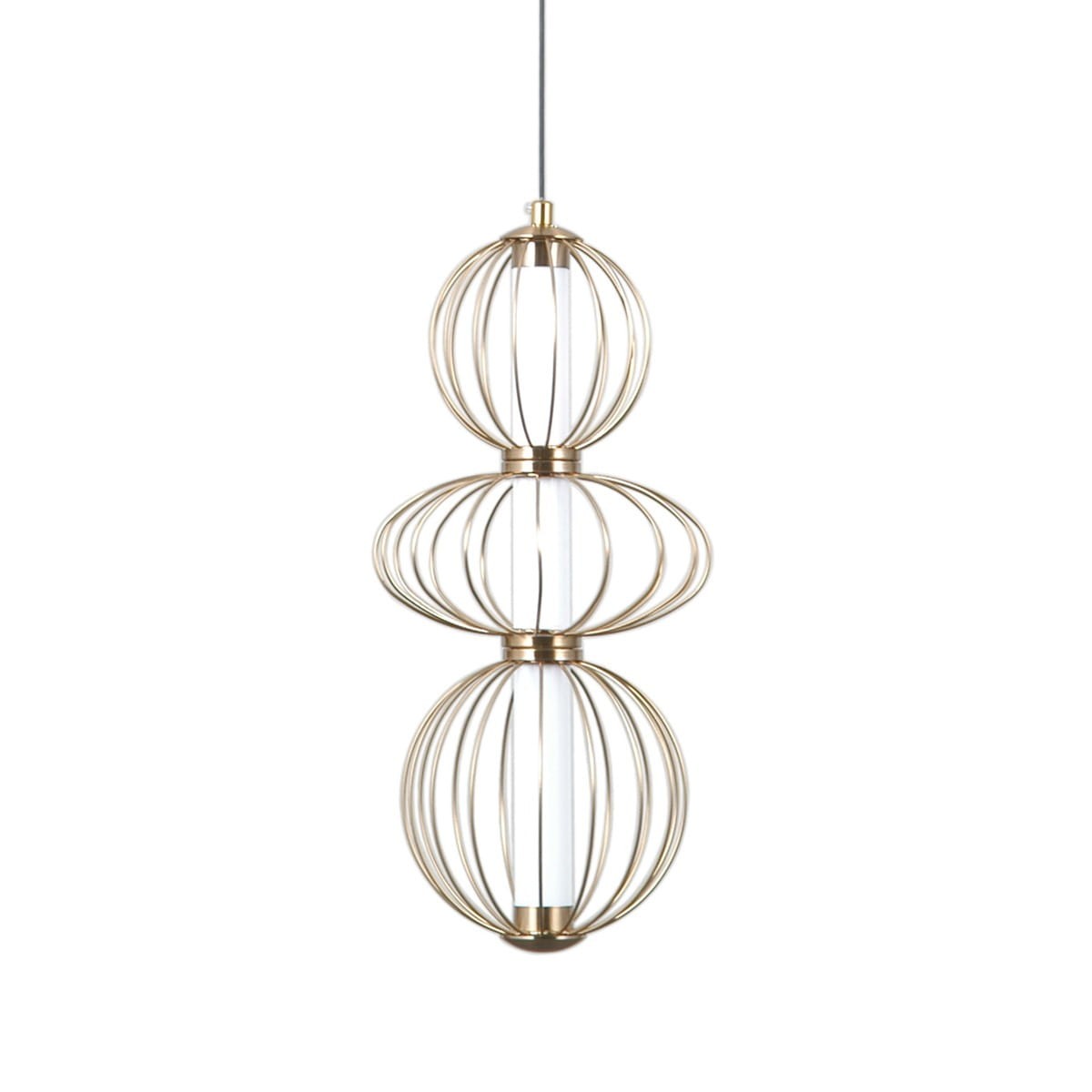 Lampa wisząca Rabel 3xLED 10W w kolorze złotym, z trzema okrągłymi kloszami w formie siatkowych kul, zwisająca na cienkim kabelku. Klosze mają przezroczyste wnętrze, co podkreśla nowoczesny design.