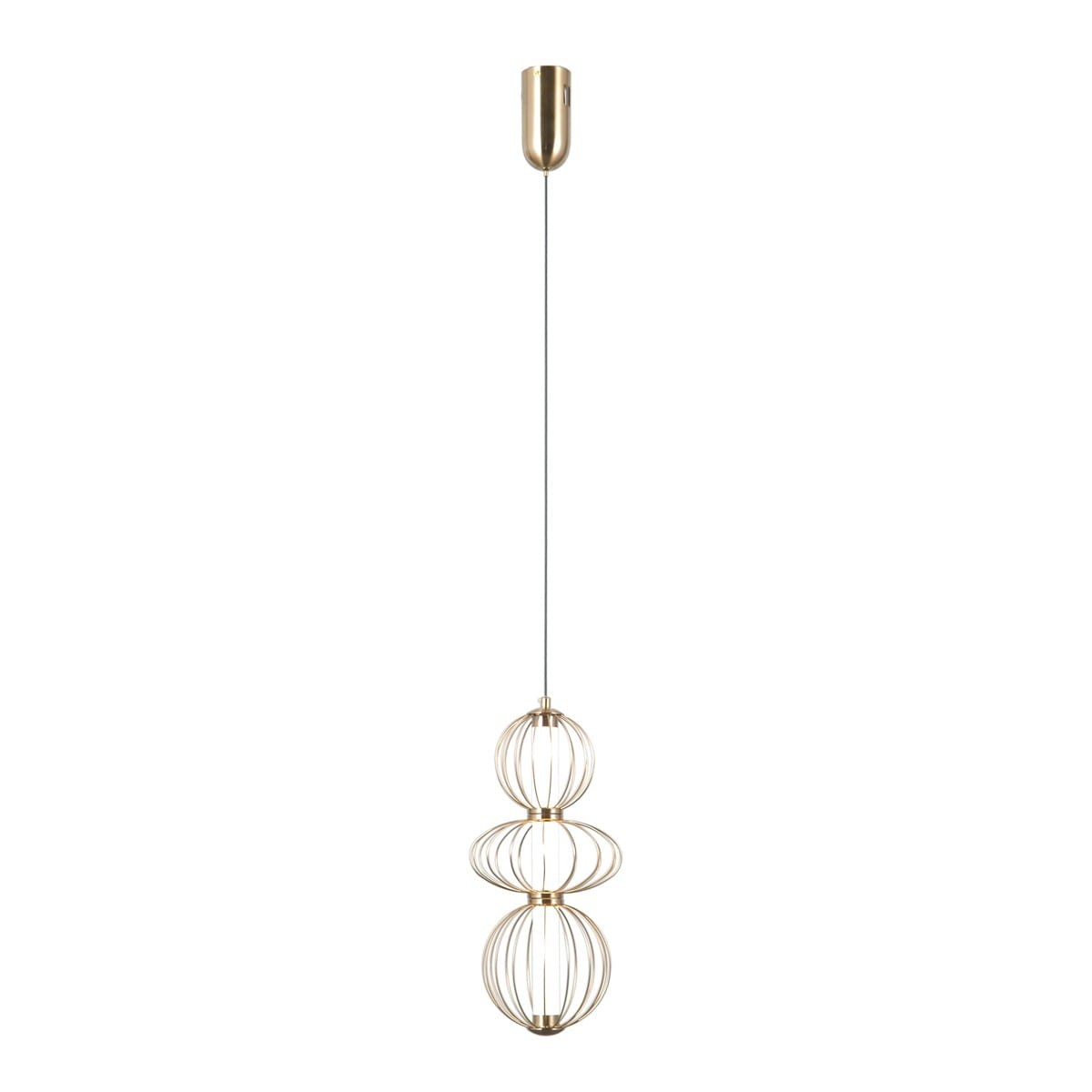 Lampa wisząca Rabel 3xLED 10W w kolorze złotym, złożona z trzech okrągłych kloszy o ażurowej konstrukcji. Ujęcie frontalne, zawieszona na cienkim przewodzie. Proste tło podkreśla elegancki design lampy.