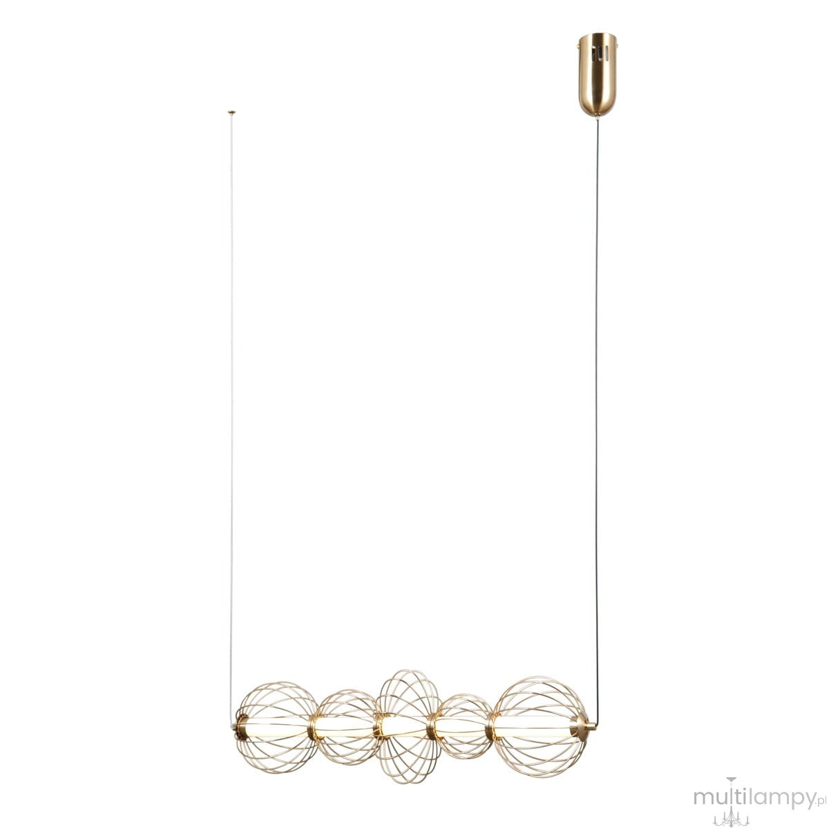 Lampa wisząca Rabel 5xLED 18W w kolorze złotym, z pięcioma okrągłymi kloszami w formie siatki, zawieszona na cienkim, białym przewodzie. Widoczny uchwyt sufitowy w złotym kolorze. Prosta konstrukcja, elegancki design, idealna do nowoczesnych wnętrz.