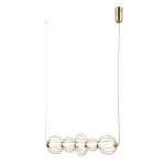 Lampa wisząca Rabel 5xLED 18W w kolorze złotym, z pięcioma okrągłymi kloszami w formie siatki, zawieszona na cienkim, białym przewodzie. Widoczny uchwyt sufitowy w złotym kolorze. Prosta konstrukcja, elegancki design, idealna do nowoczesnych wnętrz.