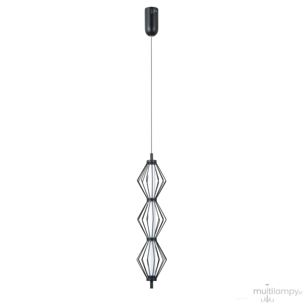 Lampa wisząca Sevil 3xLED 15W w kolorze czarnym, z metalowym kloszem w formie diamentu. Zawieszona na cienkim przewodzie, z górnym mocowaniem. Prosty, nowoczesny design, idealna do wnętrz.