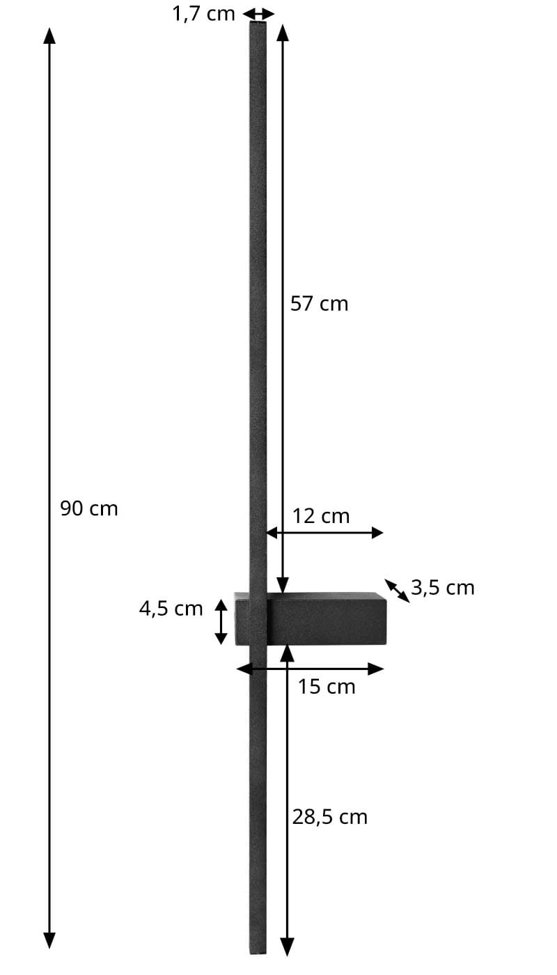 Kinkiet LED Lira 90 o mocy 12W i temperaturze barwowej 4000K w kolorze czarnym. Produkt ma prostokątną podstawę o wymiarach 12 x 3,5 cm oraz smukły, pionowy kształt o wysokości 90 cm i szerokości 1,7 cm.