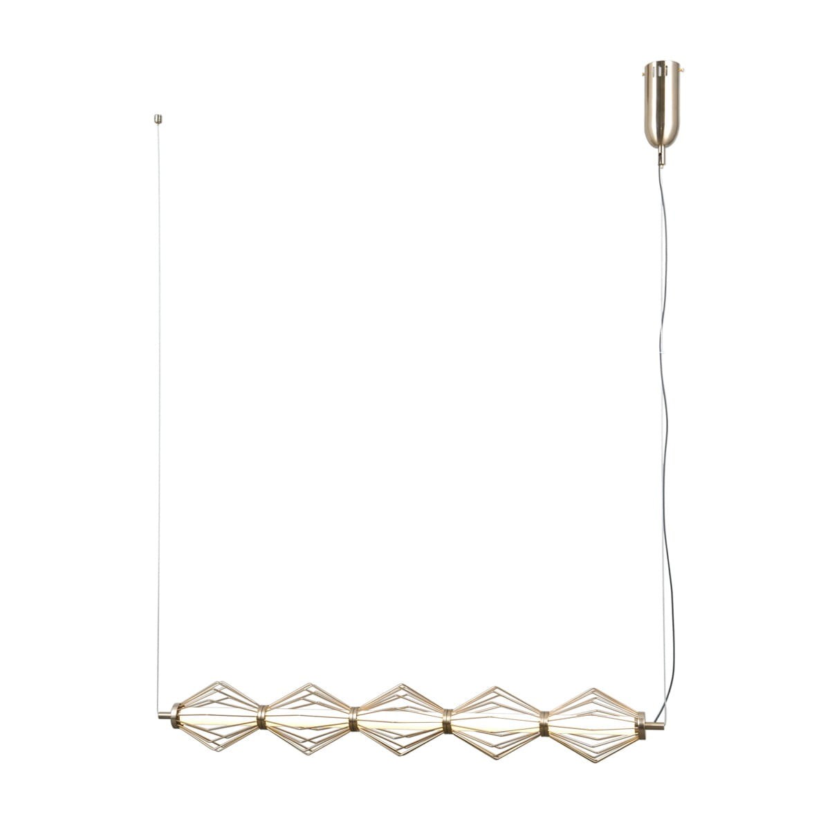 Lampa wisząca Sevil z pięcioma źródłami LED 25W, w kolorze złotym. Posiada geometryczny kształt z diamentowymi akcentami. Zawieszona na cienkim przewodzie, idealna do nowoczesnych wnętrz.