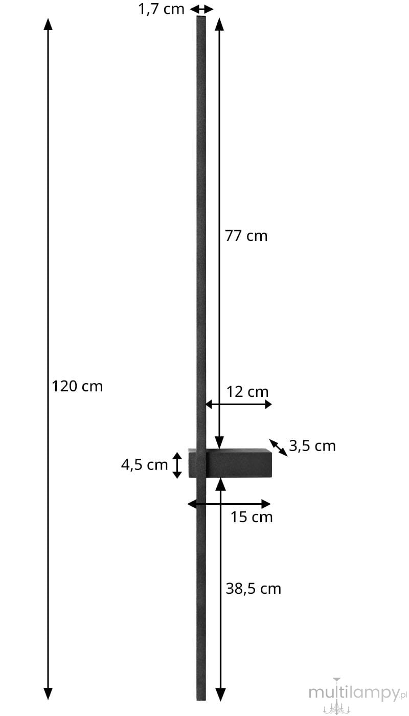 Kinkiet LED Lira 120 o mocy 18W i barwie 4000K w kolorze czarnym. Posiada smukły, prostokątny kształt o wymiarach 120 cm wysokości i 1,7 cm szerokości. Montowany pionowo, z widocznym elementem mocującym w formie prostokątnej podstawy.