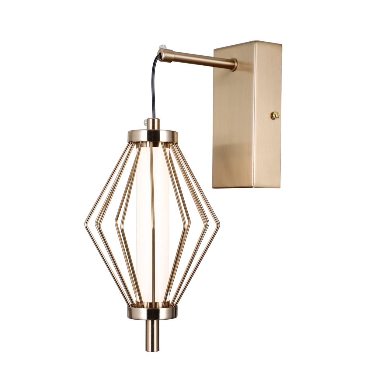 Kinkiet Sevil 1xLED 5W w kolorze złotym, z metalową, diamentową klatką oraz prostokątną podstawą. Wisi na ścianie, z lekko przezroczystym kloszem, który emituje światło. Kąt ujęcia: z boku, ukazujący detale konstrukcji.