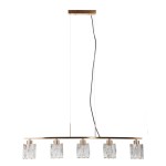 Lampa wisząca Simona z pięcioma oprawami E14, złota metalowa konstrukcja z przezroczystymi szklanymi kloszami o teksturowanej powierzchni. Zawieszona na cienkich linkach, w prostym, eleganckim stylu, idealna do nowoczesnych wnętrz.