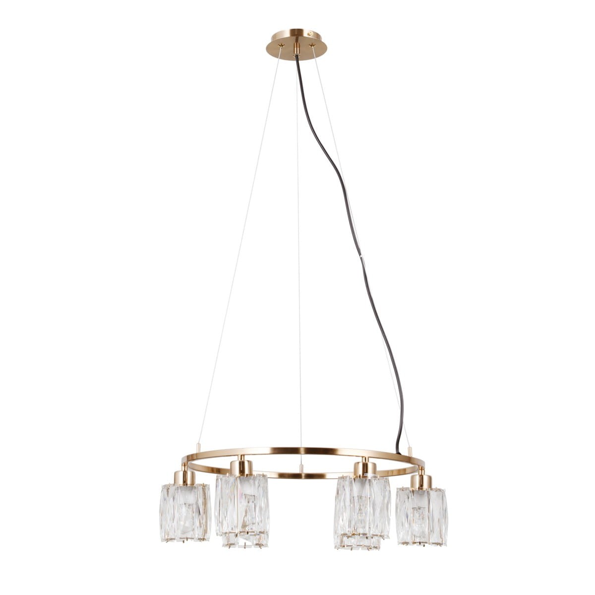 Lampa wisząca Simona z sześcioma oprawami E14, w złotym kolorze. Okrągła konstrukcja z przezroczystymi, prostokątnymi kloszami. Zawieszona na cienkich linkach, z widocznym kablem. Prosty, nowoczesny design idealny do różnych wnętrz.