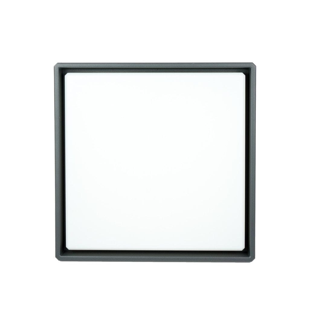 Plafon elewacyjny ścienny LED Beni D28x28, ciemny popiel, kwadratowy kształt. Posiada matową, białą powierzchnię oraz cienką ramkę. Źródło światła 27W CCT, odpowiedni do montażu na ścianie lub suficie.