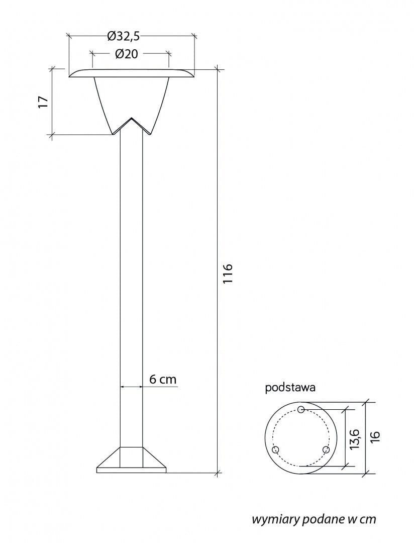 Lampa stojąca ogrodowa Bianca H116 w kolorze czarnym, z pojedynczym gniazdem E27. Wysokość 116 cm, średnica klosza 32,5 cm, średnica podstawy 20 cm. Prosty, elegancki design idealny do ogrodu.