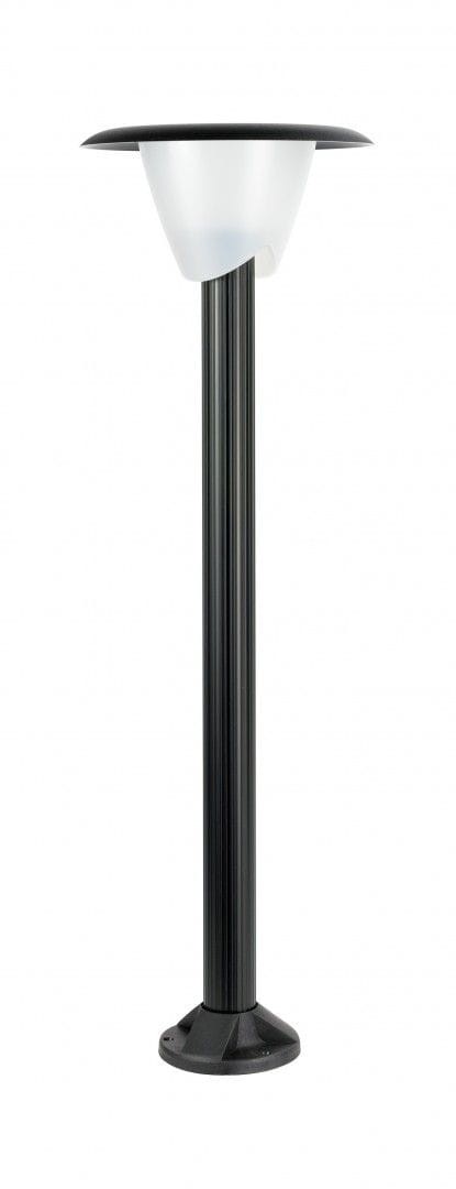 Lampa stojąca ogrodowa Bianca H116 w kolorze czarnym, z jedną oprawą na żarówkę E27. Produkt ma cylindryczny kształt z matowym, białym kloszem i prostą, stabilną podstawą. Ujęcie frontalne, na białym tle.