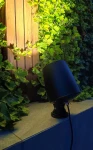 Lampa dogruntowa LED Big Ben 30W 4000K w kolorze czarnym, umieszczona na płaskiej powierzchni, skierowana w stronę drewnianej ściany z zielonymi liśćmi. Produkt ma zaokrąglony kształt i solidną podstawę, a kabel zasilający jest widoczny.