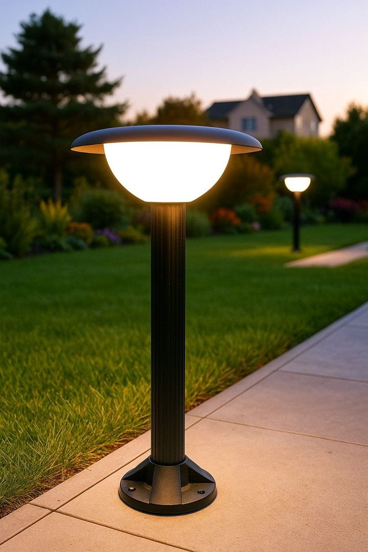 Lampa stojąca ogrodowa Febe H63 w kolorze czarnym, z okrągłą, białą osłoną na żarówkę E27. Ustawiona pionowo na betonowej podstawie, w otoczeniu trawnika, oświetla ścieżkę w ciepłym wieczornym świetle.