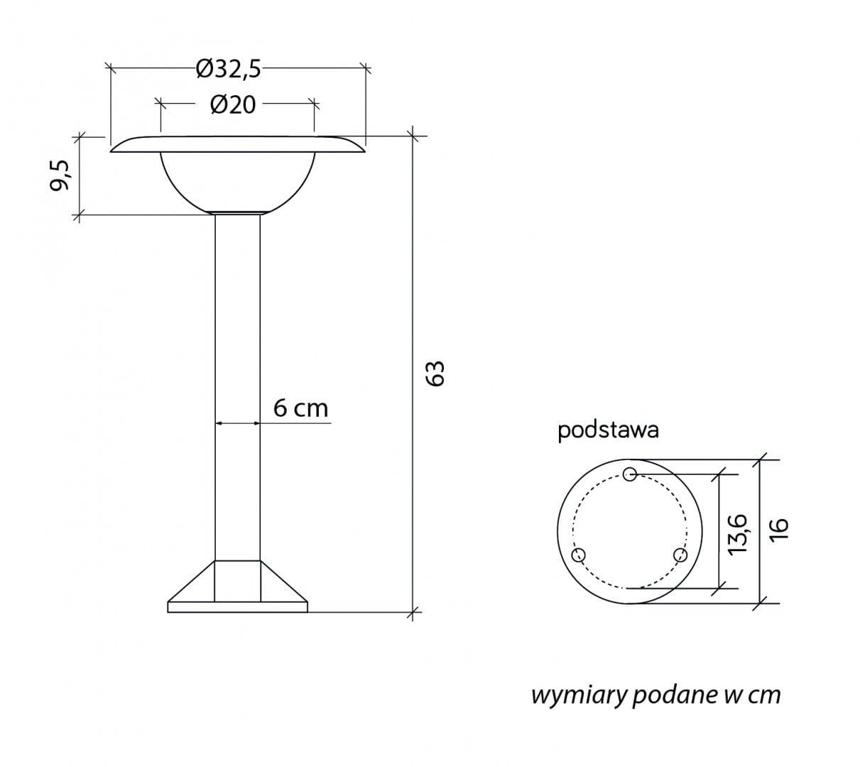 Lampa stojąca ogrodowa Febe H63 w kolorze czarnym, wysokość 63 cm, średnica klosza 32,5 cm, z podstawą o wymiarach 13,6 cm. Przeznaczona na żarówkę E27, z prostym, nowoczesnym designem i metalową konstrukcją.