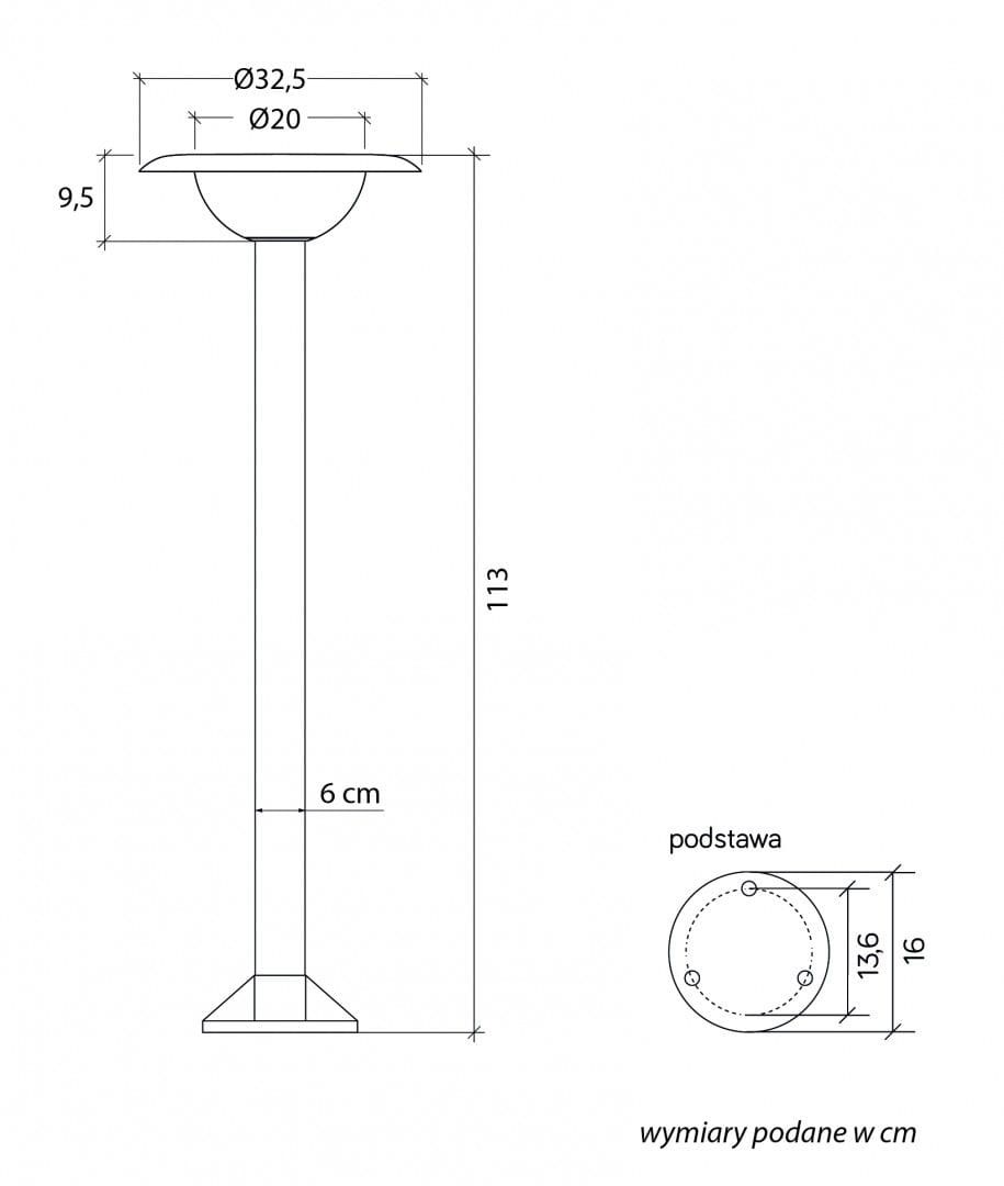 Lampa stojąca ogrodowa Febe H113 w kolorze czarnym, z jedną oprawą E27. Wysokość 113 cm, średnica klosza 32,5 cm, średnica podstawy 20 cm. Prosta, smukła konstrukcja z metalowym wykończeniem, idealna do ogrodów i przestrzeni zewnętrznych.
