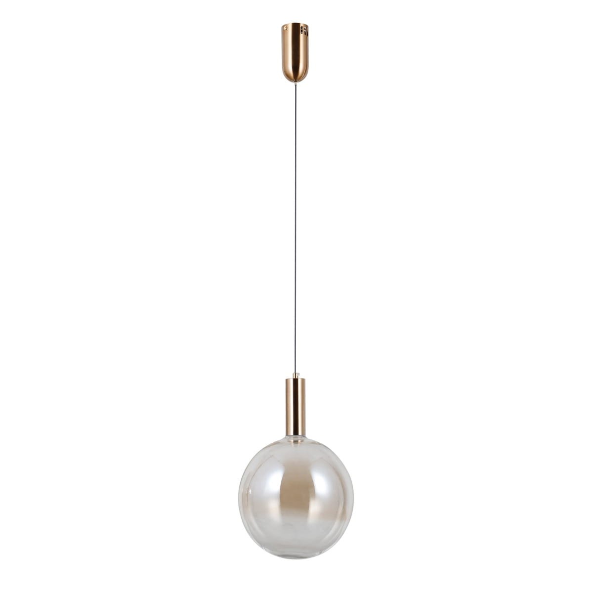 Lampa wisząca Strela D25 z pojedynczym źródłem LED 5W, o złotym metalowym uchwycie i bursztynowym, szklanym kloszu w kształcie kuli. Powieszona na cienkim przewodzie, prezentuje się elegancko na jasnym tle.