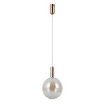 Lampa wisząca Strela D25 z pojedynczym źródłem LED 5W, o złotym metalowym uchwycie i bursztynowym, szklanym kloszu w kształcie kuli. Powieszona na cienkim przewodzie, prezentuje się elegancko na jasnym tle.