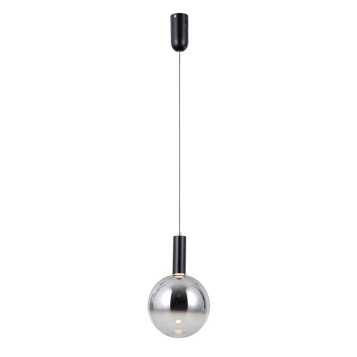 Lampa wisząca Strela D20 z jedną żarówką LED 5W. Czarna oprawa z metalowym, szklanym kloszem w kształcie kuli. Zawieszona na cienkim kablu, prezentuje minimalistyczny design. Idealna do nowoczesnych wnętrz.