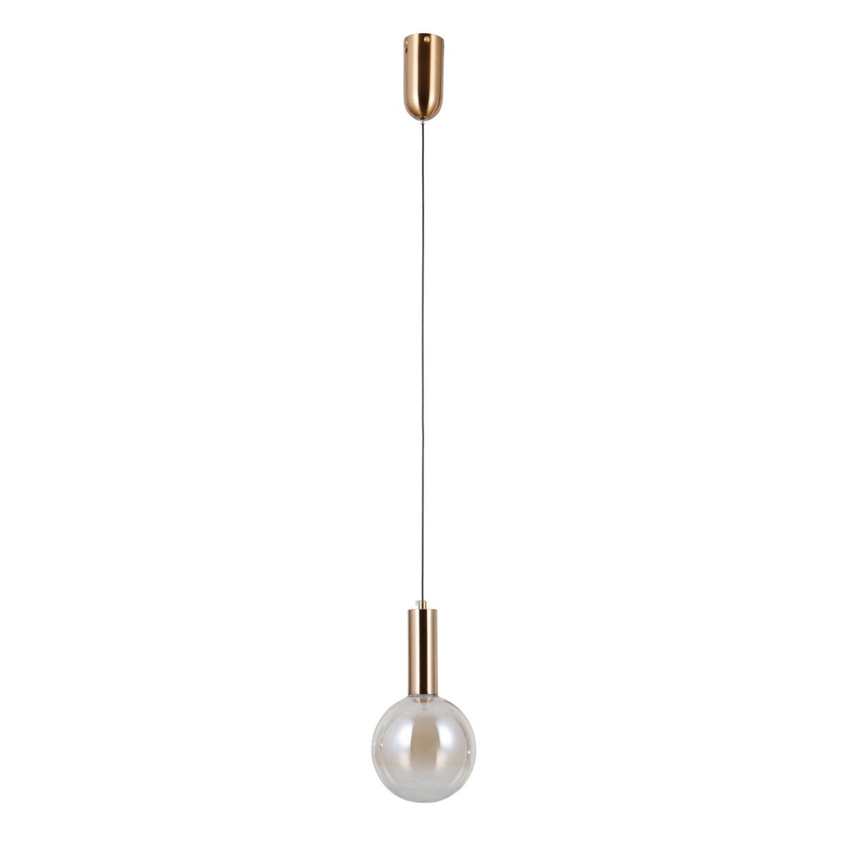 Lampa wisząca Strela D15 w złotym wykończeniu z przezroczystą kulistą oprawką. Posiada pojedyncze źródło LED 5W, zawieszenie na cienkim przewodzie. Prosty, nowoczesny design, idealna do wnętrz. Wisi w pionie na białym tle.
