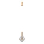 Lampa wisząca Strela D15 w złotym wykończeniu z przezroczystą kulistą oprawką. Posiada pojedyncze źródło LED 5W, zawieszenie na cienkim przewodzie. Prosty, nowoczesny design, idealna do wnętrz. Wisi w pionie na białym tle.