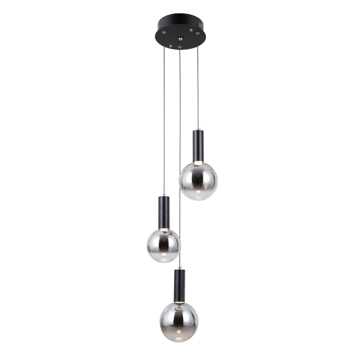 Lampa wisząca Strela z trzema kulistymi kloszami, wykonana z czarnego metalu i szklanych elementów w kolorze srebrnym. Klosze zawieszone na cienkich linkach, montaż na suficie. Nowoczesny design, idealna do aranżacji wnętrz.