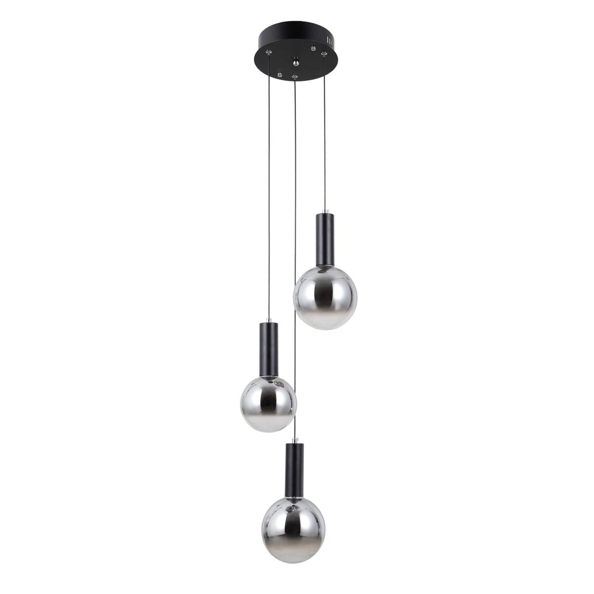 Lampa wisząca Strela z trzema kulami LED 15W, czarna i szara. Kule w chromowanej obudowie zawieszone na cienkich linkach, montaż na suficie. Prosty, nowoczesny design, idealna do wnętrz.