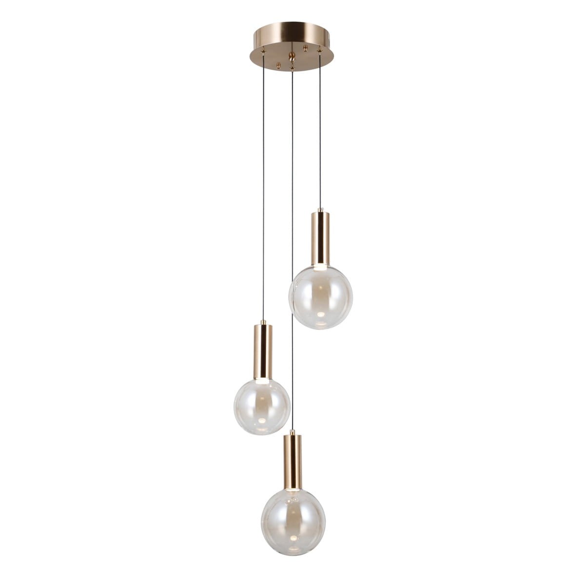 Lampa wisząca Strela z trzema żarówkami LED 15W. Posiada złote, metaliczne uchwyty i przezroczyste klosze w kształcie kul. Zawieszona na cienkich linkach, montowana do sufitu, idealna do nowoczesnych wnętrz.