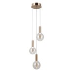 Lampa wisząca Strela z trzema żarówkami LED 15W. Posiada złote, metaliczne uchwyty i przezroczyste klosze w kształcie kul. Zawieszona na cienkich linkach, montowana do sufitu, idealna do nowoczesnych wnętrz.