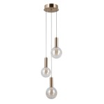 Lampa wisząca Strela z trzema kulistymi żarówkami LED o mocy 15W, zawieszona na cienkich linkach. Elementy metalowe w kolorze złotym, klosze szklane w bursztynowym odcieniu. Montaż sufitowy, nowoczesny design.