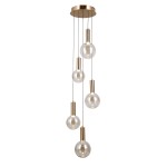 Lampa wisząca Strela z pięcioma żarówkami LED 25W, w złotej oprawie. Szklane klosze o okrągłym kształcie, zawieszone na cienkich linkach. Montaż sufitowy, elegancka aranżacja do wnętrz. Tło proste, jasne.