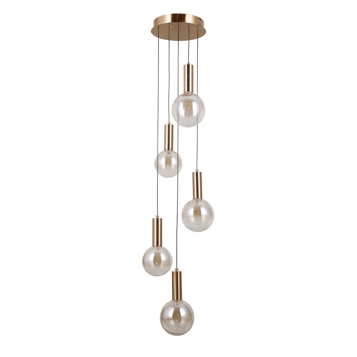 Lampa wisząca Strela z pięcioma żarówkami LED 25W w złotym wykończeniu. Szklane klosze w bursztynowym odcieniu zawieszone na cienkich linkach. Produkt montowany sufitowo, w nowoczesnym stylu, idealny do aranżacji wnętrz.