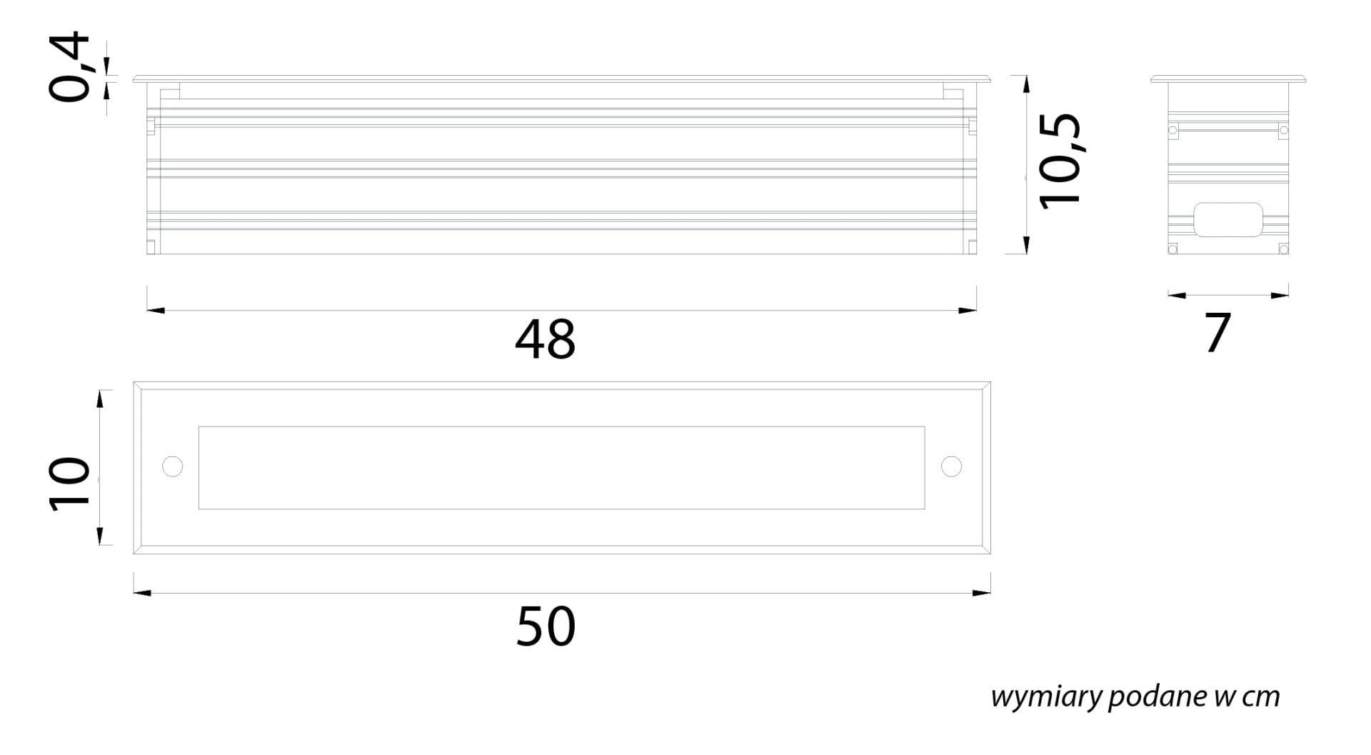 Oprawa najazdowa LED 20W w kolorze srebrnym, o wymiarach 50 cm x 10 cm x 4 cm. Posiada prostokątny kształt, z widocznymi otworami montażowymi oraz gładką powierzchnią. Ujęcie frontalne, na białym tle.