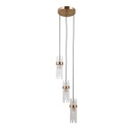 Lampa wisząca Taraso 3xE14 w kolorze złotym, z trzema szklanymi kloszami w formie prostokątnych prętów, zawieszona na dwóch czarnych przewodach. Montaż sufitowy, minimalistyczny design, idealna do nowoczesnych wnętrz.