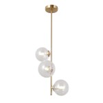 Lampa wisząca Toledo 3xG9 w kolorze złotym, z trzema przezroczystymi, okrągłymi kloszami. Ujęcie frontalne, zawieszona na cienkim, złotym stelażu. Klosze mają delikatny wzór i są umieszczone na różnych wysokościach, co tworzy dynamiczny efekt.