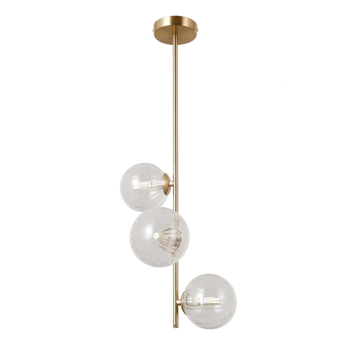 Wisząca lampa Toledo z trzema kulistymi kloszami z przezroczystego szkła, zawieszona na złotej konstrukcji. Klosze różnią się detalem, z widocznymi wzorami. Produkt montowany sufitowo, w nowoczesnym stylu.