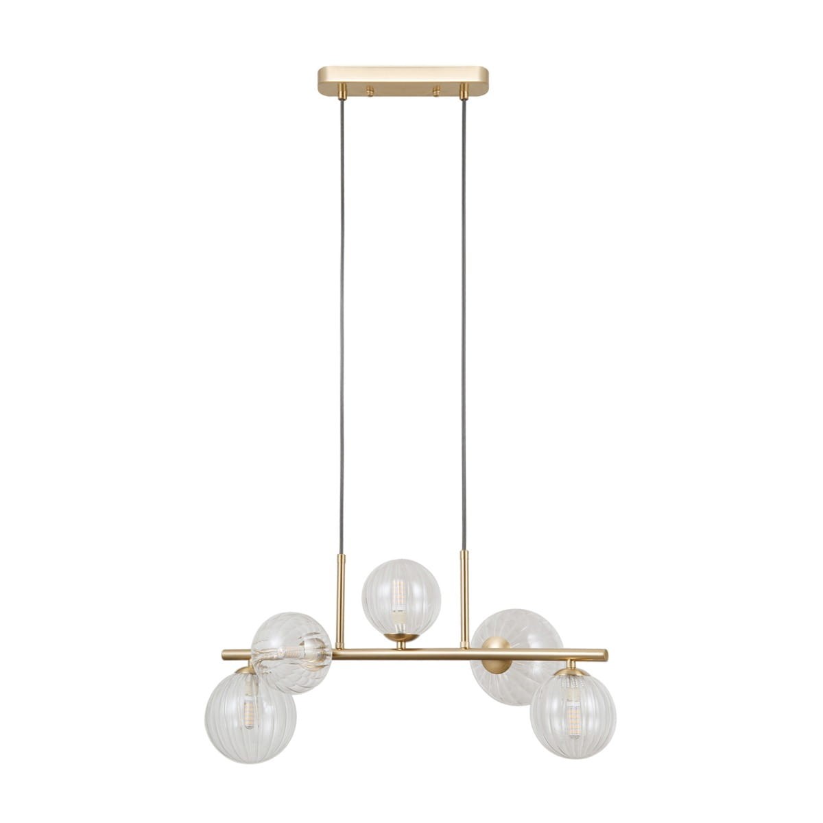 Lampa wisząca Toledo z pięcioma kulistymi kloszami z przezroczystego szkła na złotej metalowej konstrukcji. Ułożona poziomo, zawieszona na dwóch cienkich linkach, idealna do nowoczesnych wnętrz.