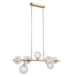 Lampa wisząca Toledo z siedmioma kulami G9, złota konstrukcja z przezroczystymi kloszami. Ujęcie frontalne, wisząca, z długimi przewodami. Elegancka, nowoczesna forma, idealna do przestrzeni mieszkalnych.