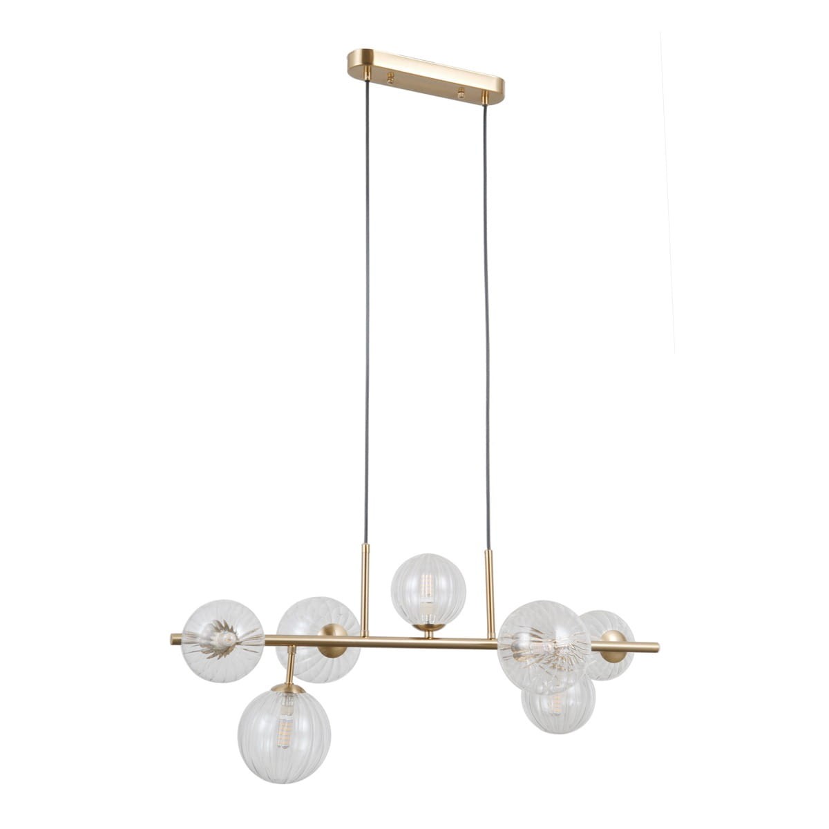 Lampa wisząca Toledo 7xG9 w kolorze złotym, z przezroczystymi kulistymi kloszami. Ułożona w poziomie na cienkiej, złotej listwie, zwisająca na dwóch cienkich kabelkach, idealna do nowoczesnych wnętrz.