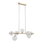 Lampa wisząca Toledo 7xG9 w kolorze złotym, z przezroczystymi kulistymi kloszami. Ułożona w poziomie na cienkiej, złotej listwie, zwisająca na dwóch cienkich kabelkach, idealna do nowoczesnych wnętrz.