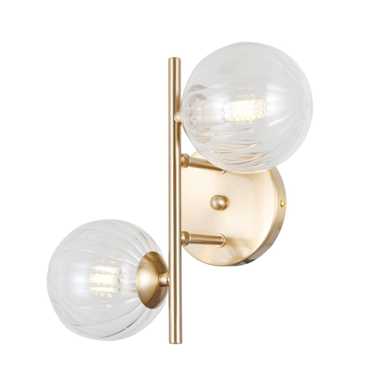 Kinkiet Toledo w kolorze złotym, z dwiema przezroczystymi kulistymi kloszami. Ułożony w pionie na okrągłej podstawie, z wyraźną teksturą kloszy. Oświetlenie na dwie żarówki G9, nowoczesny design idealny do wnętrz.