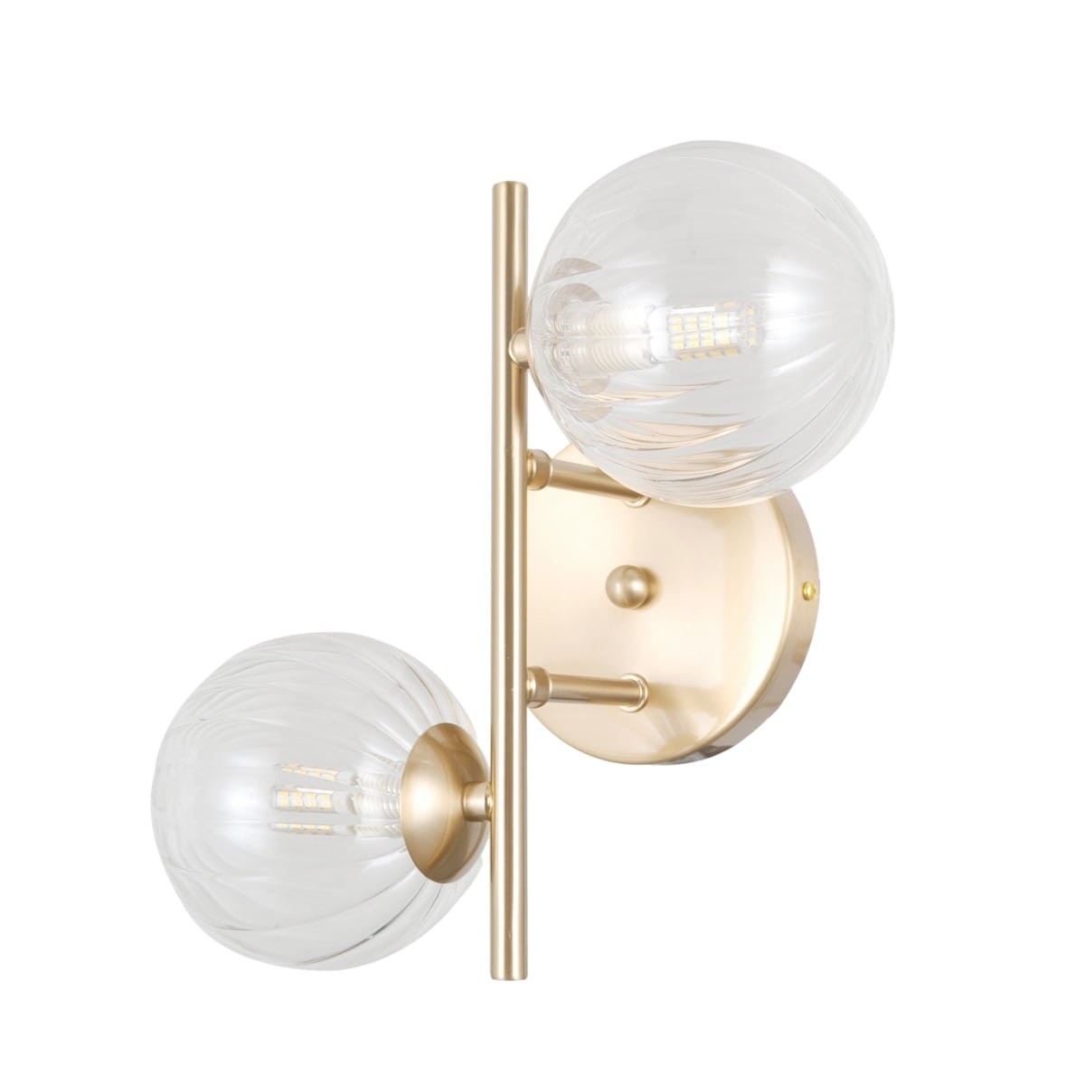 Kinkiet Toledo 2xG9 w kolorze złotym, z dwoma kulistymi kloszami z przezroczystego szkła. Ujęcie z boku, ukazujące metalowy stelaż i okrągłą podstawę. Klosze mają teksturowaną powierzchnię, co nadaje elegancki wygląd.