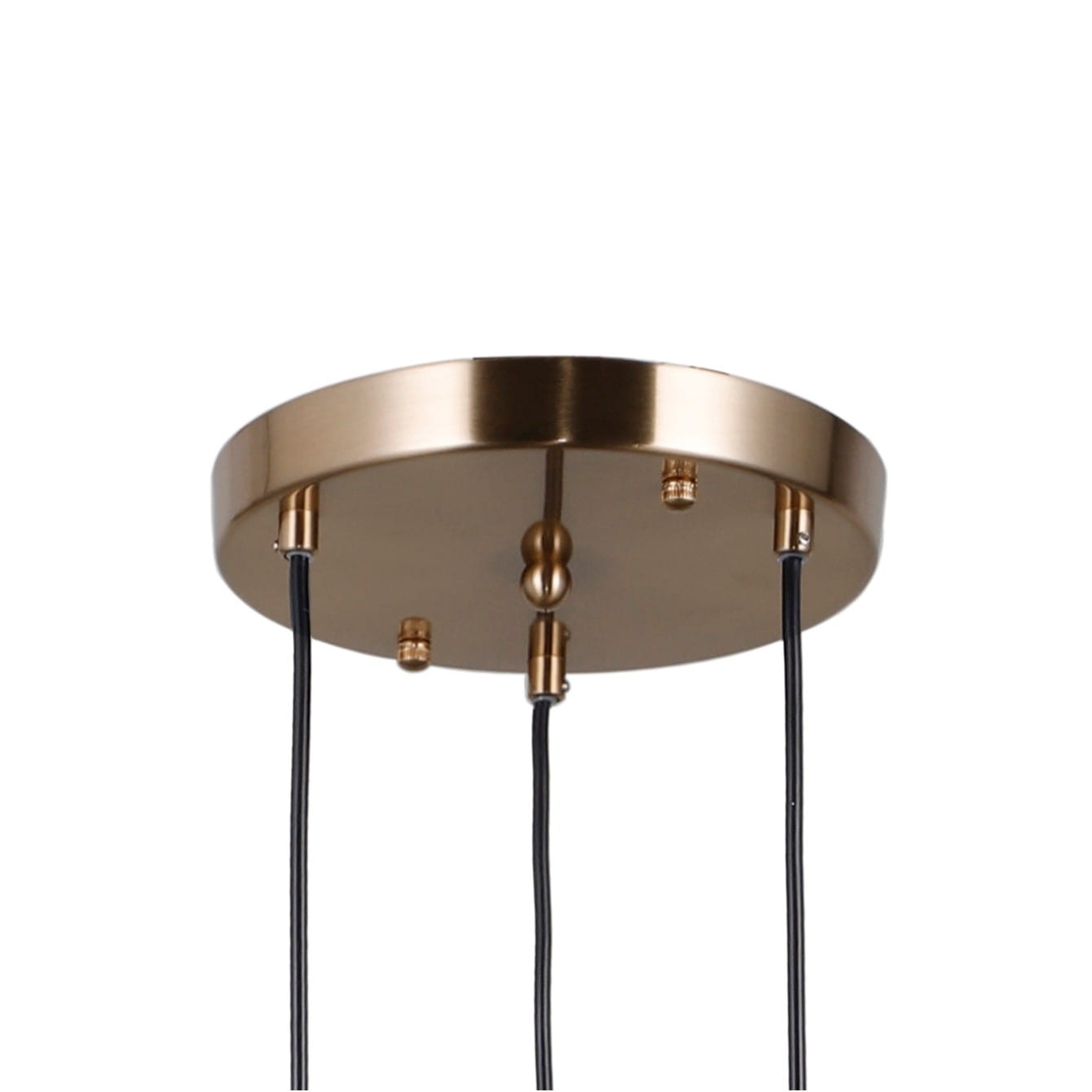 Lampa wisząca Torno 3xE14 w kolorze złotym z okrągłym, metalowym mocowaniem. Widoczne trzy czarne kable, które prowadzą do miejsca montażu. Elegancki design, idealna do nowoczesnych wnętrz.