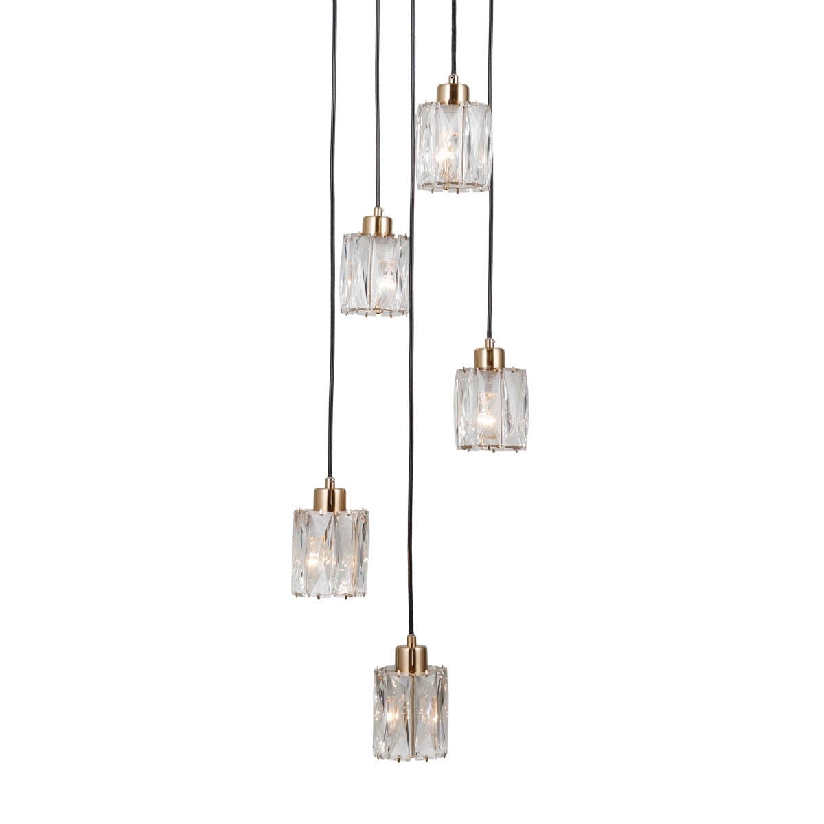 Lampa wisząca Torno 5xE14 w kolorze czarnym i złotym, składająca się z pięciu szklanych kloszy o prostokątnym kształcie. Klosze zawieszone na czarnych przewodach, z metalowymi złotymi detalami u góry.