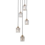 Lampa wisząca Torno 5xE14 w kolorze czarnym i złotym, składająca się z pięciu szklanych kloszy o prostokątnym kształcie. Klosze zawieszone na czarnych przewodach, z metalowymi złotymi detalami u góry.