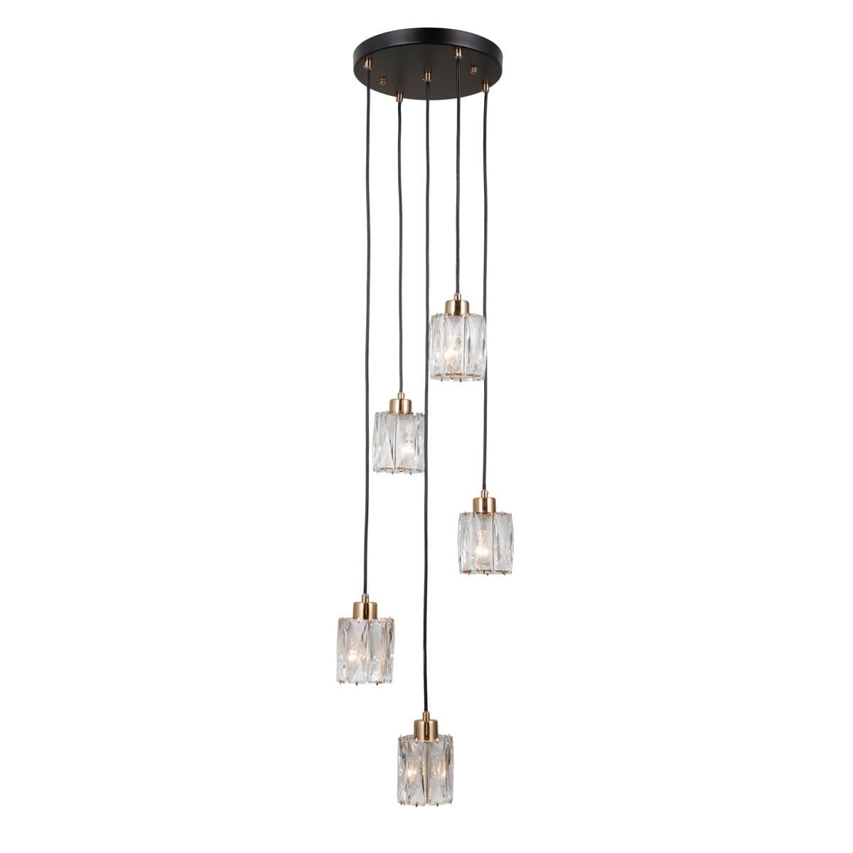 Lampa wisząca Torno PND-40813-5R-BK-HBR z pięcioma kloszami w kolorze czarnym i złotym. Klosze mają prostokątny kształt, wykonane z przezroczystego szkła, zawieszone na cienkich czarnych kablach. Montaż sufitowy, elegancka forma.