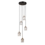 Lampa wisząca Torno PND-40813-5R-BK-HBR z pięcioma kloszami w kolorze czarnym i złotym. Klosze mają prostokątny kształt, wykonane z przezroczystego szkła, zawieszone na cienkich czarnych kablach. Montaż sufitowy, elegancka forma.