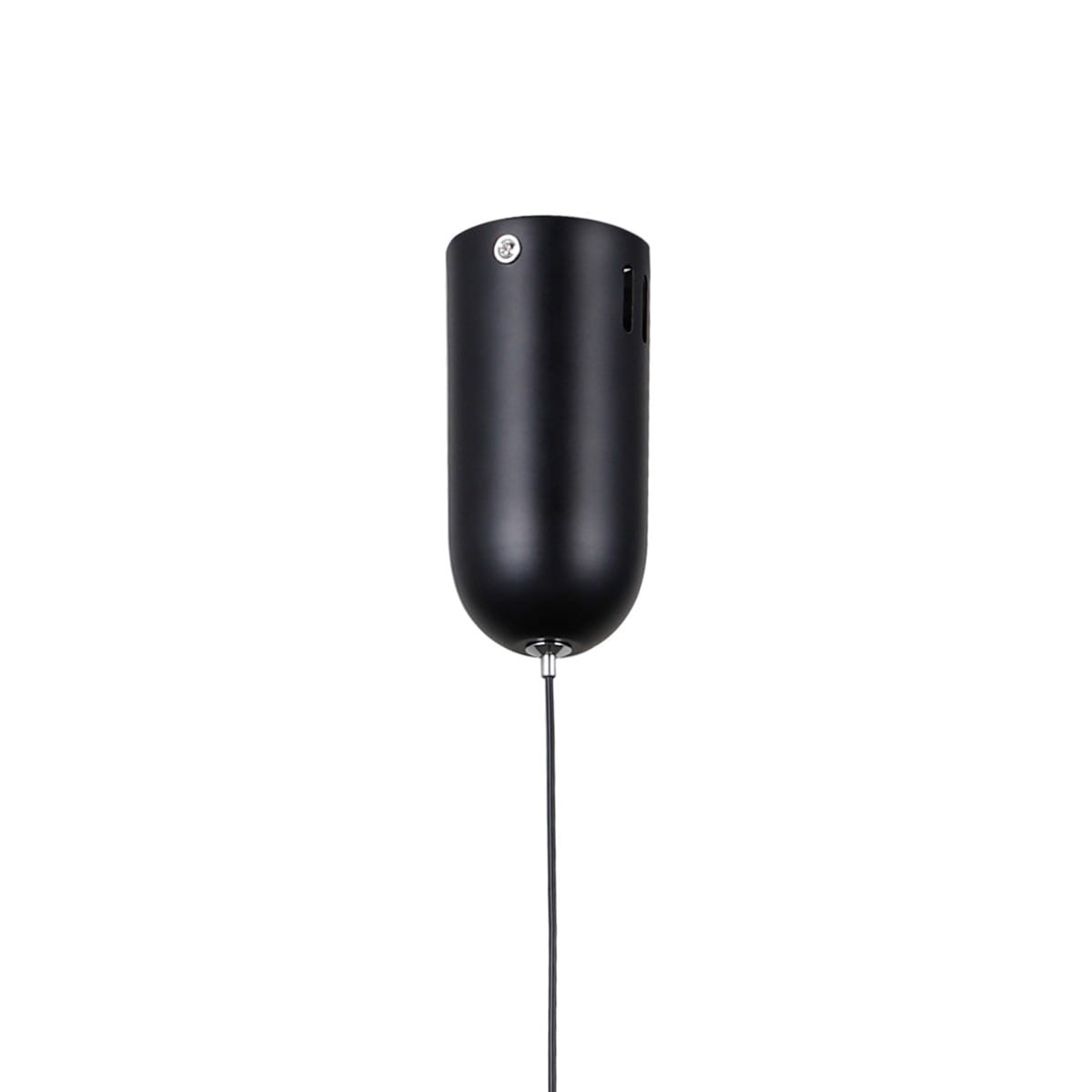Lampa wisząca Velada w kolorze czarnym z jedną żarówką LED 5W. Owalny kształt, matowa powierzchnia, z zawieszeniem na cienkim przewodzie. Widoczny element montażowy u góry. Produkt zawieszony w pionie na jednolitym tle.
