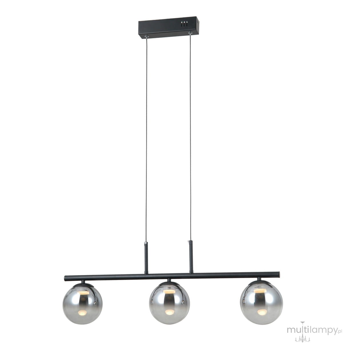 Lampa wisząca Velada z trzema kulistymi kloszami, wykonana w czarnym kolorze. Posiada elegancki, prostokątny stelaż z matowego metalu oraz przezroczyste, szklane klosze. Zawieszona na dwóch cienkich linkach, idealna do nowoczesnych wnętrz.