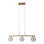 Lampa wisząca Velada z trzema okrągłymi kloszami, wykonana w złotym kolorze. Posiada metalowy stelaż z zawieszeniem na dwóch linkach. Klosze szklane, półprzezroczyste, 3xLED 15W. Ujęcie frontalne, na białym tle.